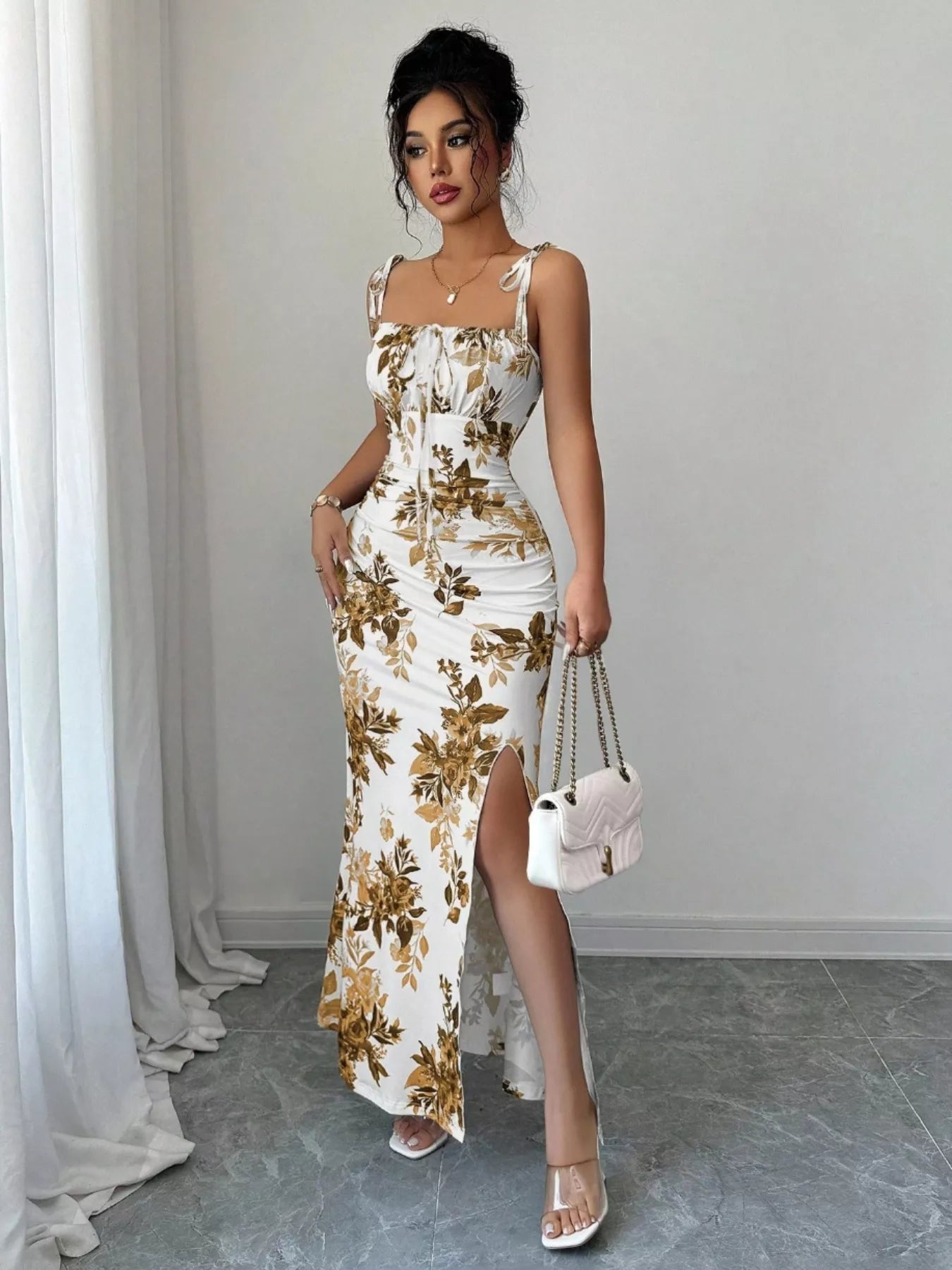 Printed Tie Strap Slit Maxi Dress  Shop One Place