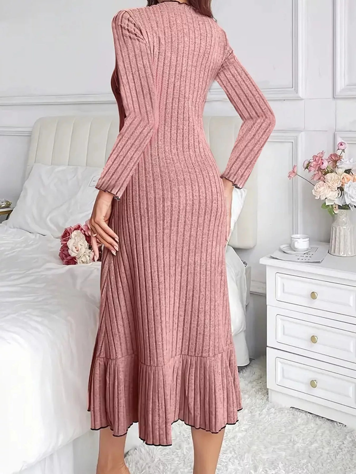 Women's Ribbed Knit Ruffle Hem Bodycon Dress – view 5