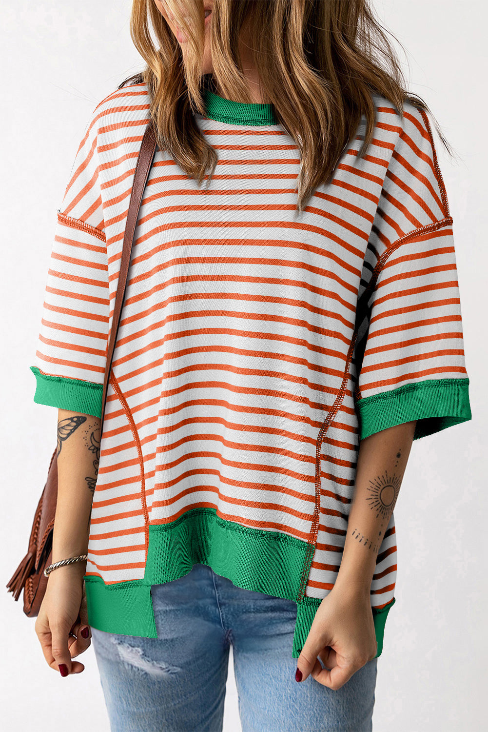 Stripe Colorblock Drop Sleeve Oversized T Shirt