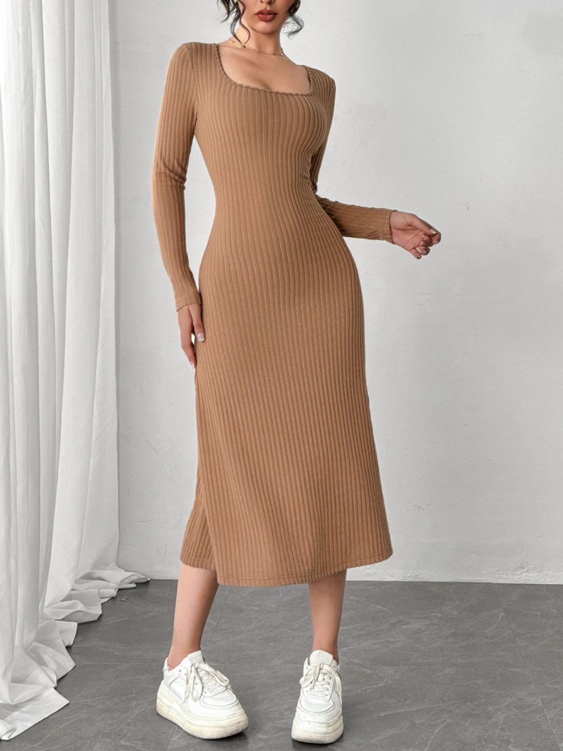 Square Neck Long Sleeve Midi Wrap Dress