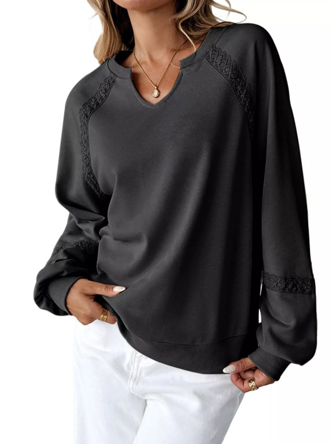 Notched Raglan Sleeve Sweatshirt  Shop One Place