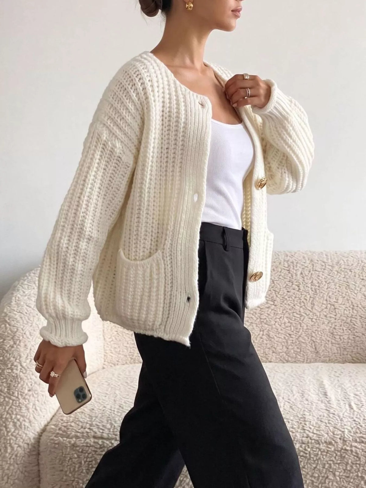 Ribbed Knit Cardigan with Gold-Tone Buttons  Shop One Place