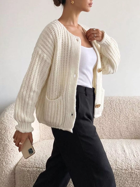 Ribbed Knit Cardigan with Gold-Tone Buttons in Beige, Coffee Brown or Black
