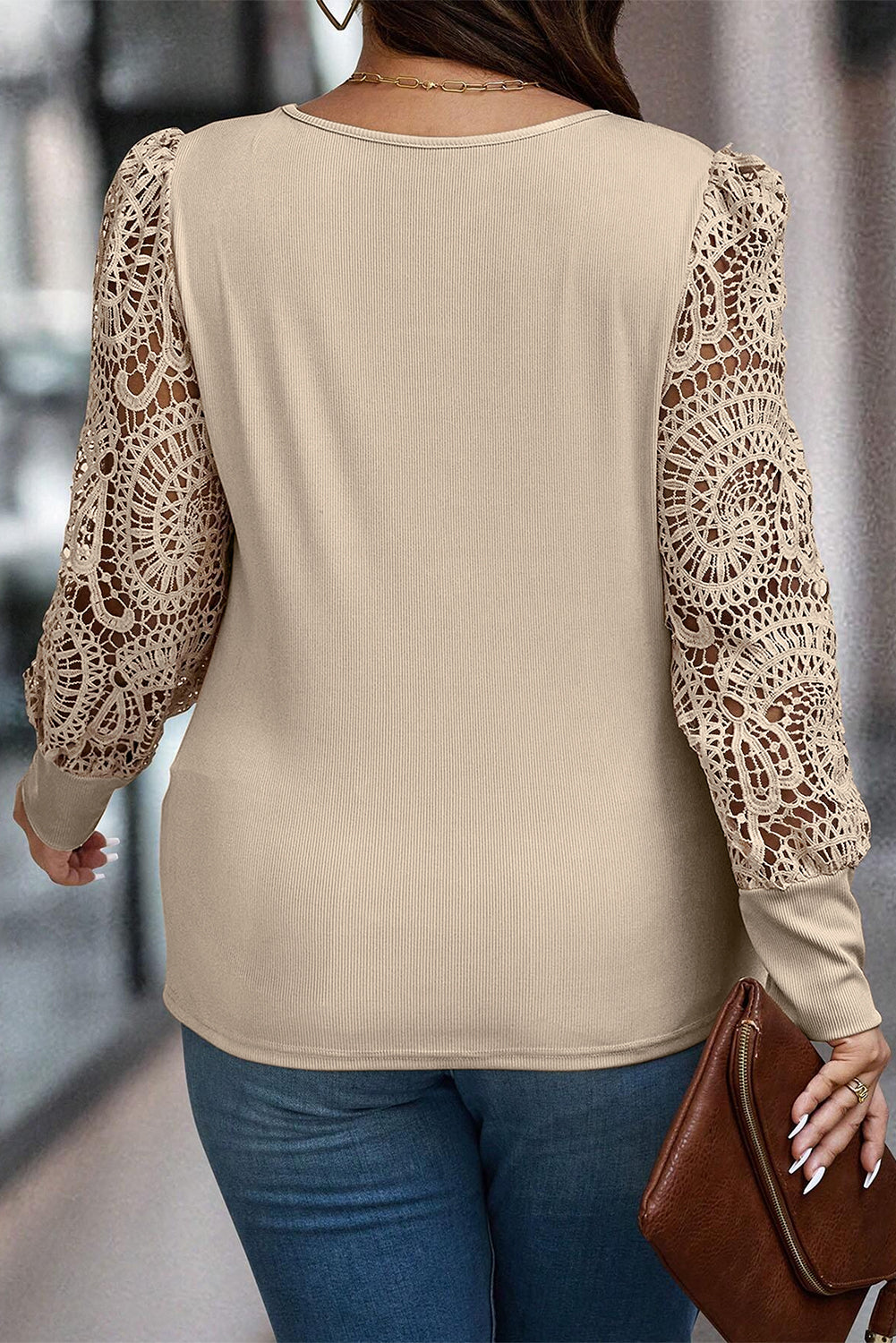 Parchment Plus Hollowed Lace Sleeve Square Neck Ribbed Top