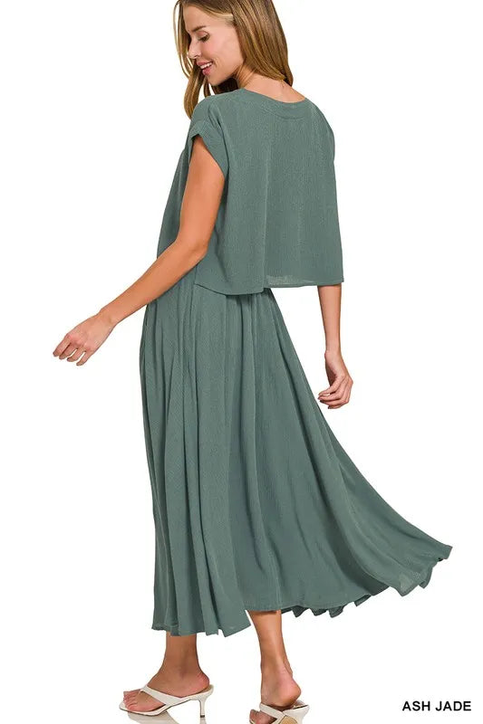 Zenana Woven Crinkle Gauze Crop Tee and Skirt Set-Ash Jade  Shop One Place