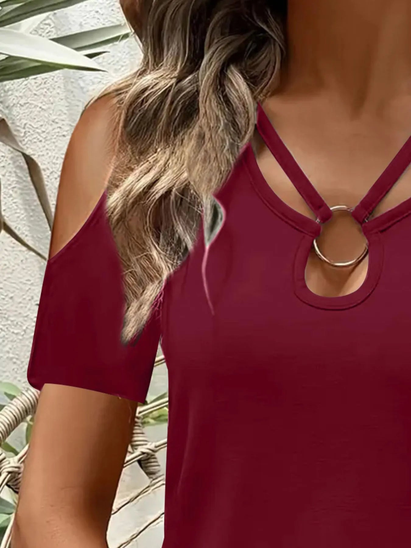 Cold Shoulder T-Shirt with Metal Ring Detail  Shop One Place