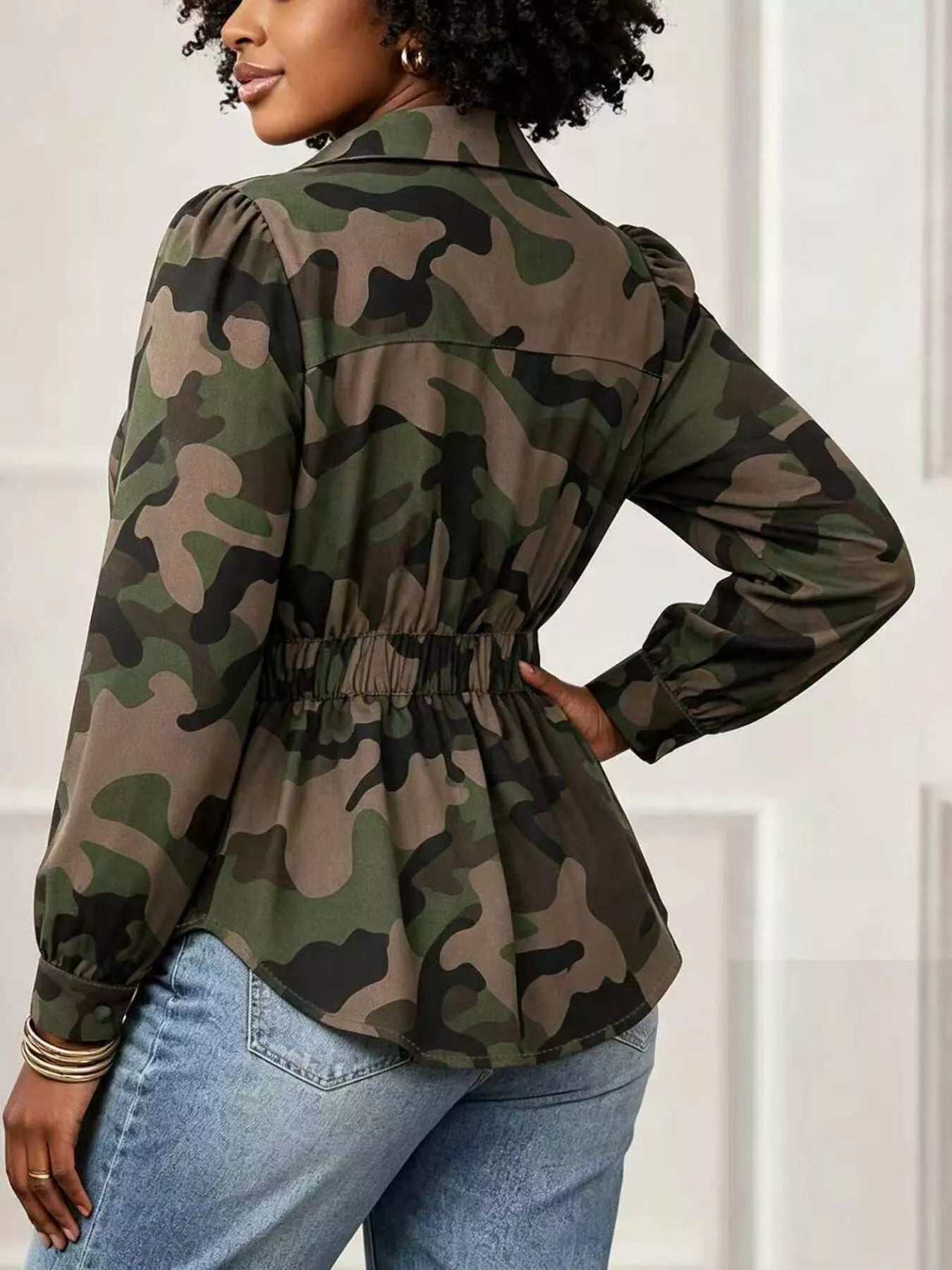 Camouflage Button Front Long Sleeve Blouse  Shop One Place