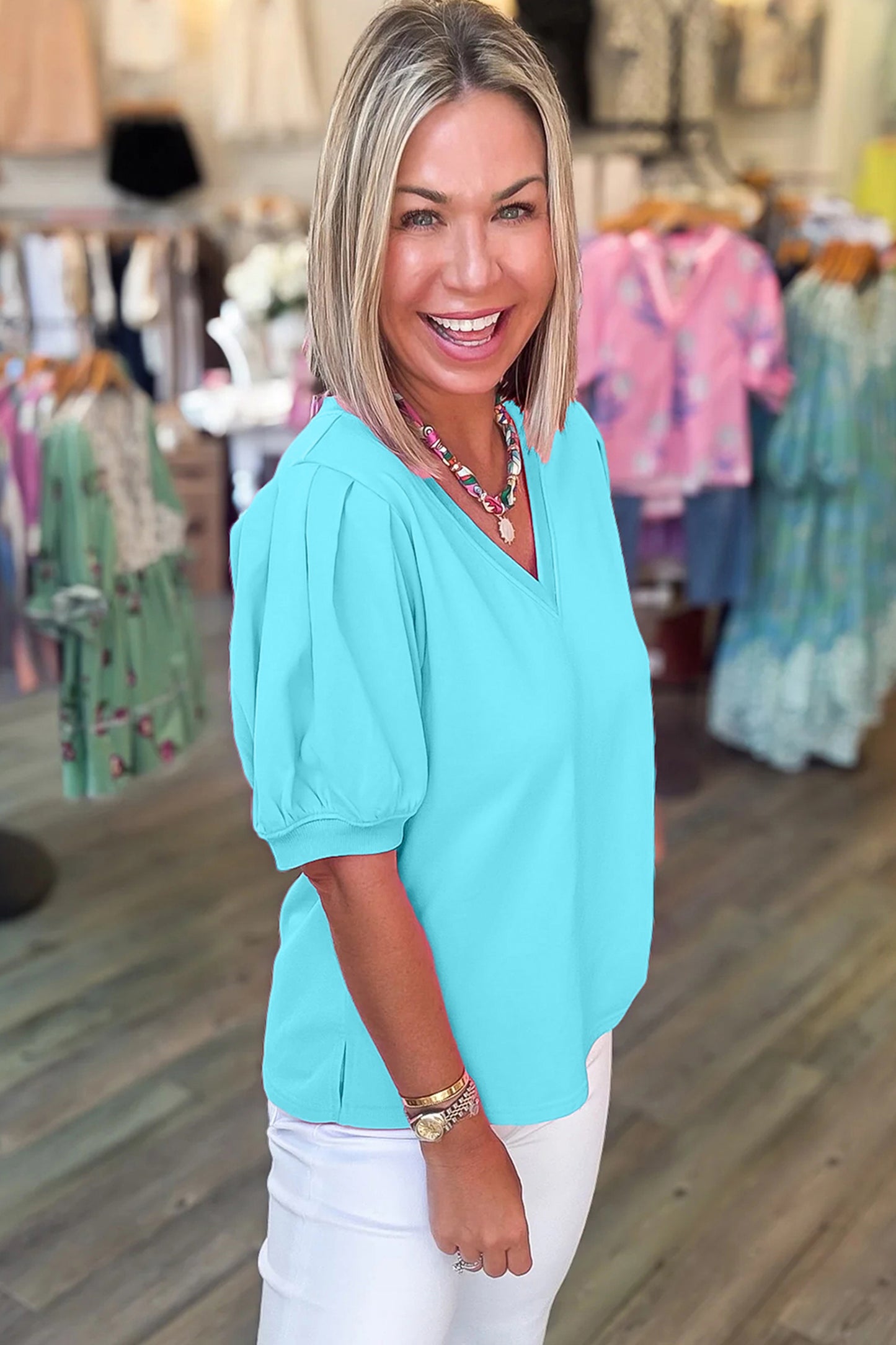 Turquoise Solid Color V Neck Short Puff Sleeve Blouse  Shop One Place