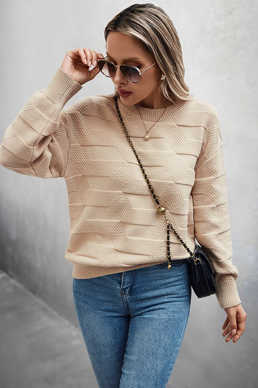 Solid Round Neck Knit Loose Long Sleeves Sweater  Shop One Place