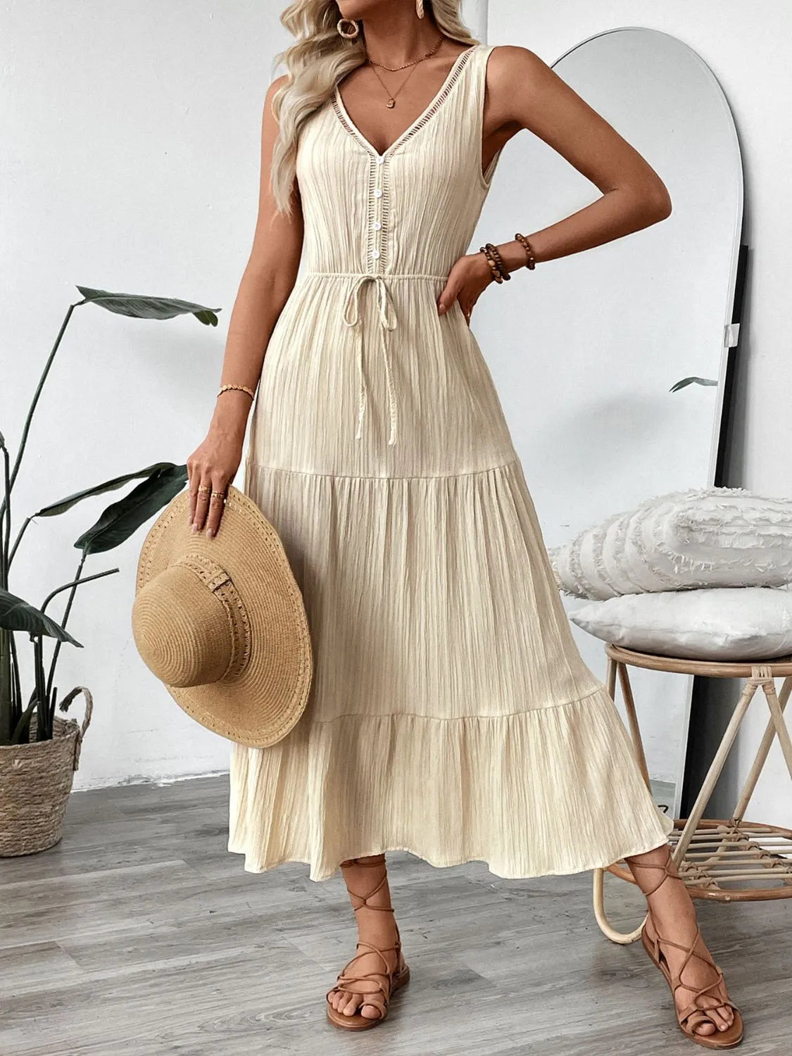 Decorative Button V-Neck Sleeveless Midi Tank Dress  Shop One Place