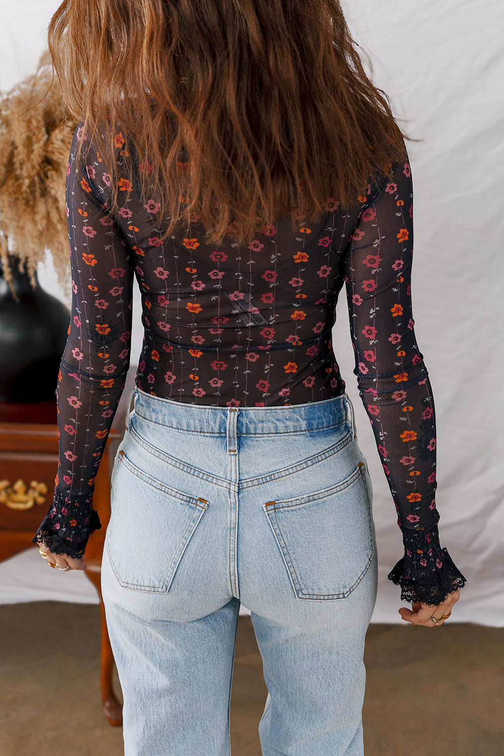 Black Floral Print Smocked Cuff Slim Fit Mesh Bodysuit  Shop One Place