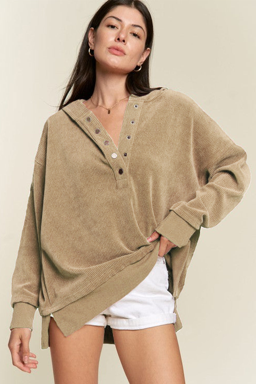 Simply Taupe Solid Ribbed Knit Buttoned Drop Shoulder Oversized Hoodie