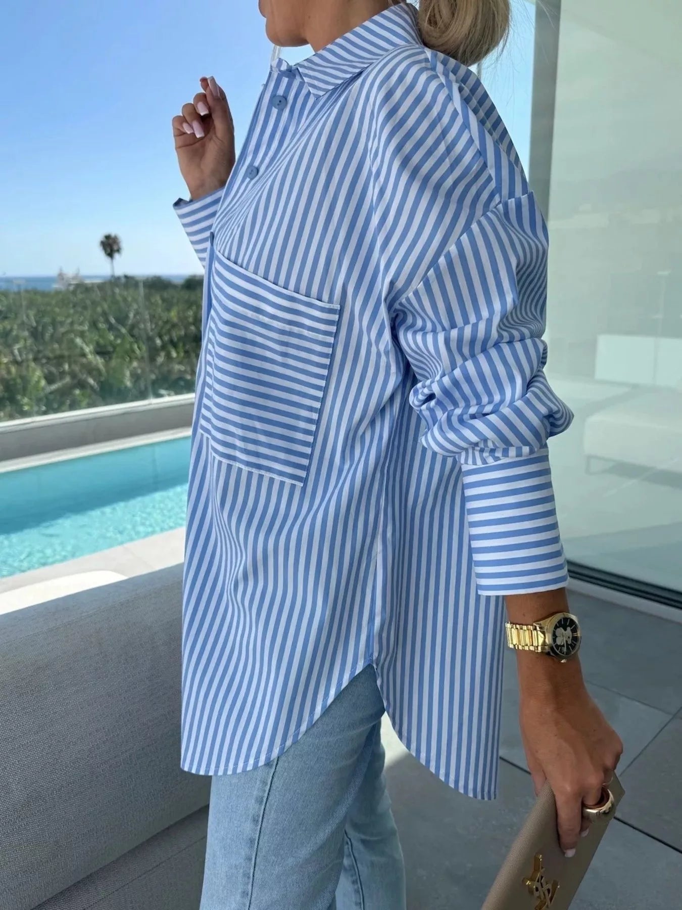 Striped Oversized Button-Down Shirt  Shop One Place