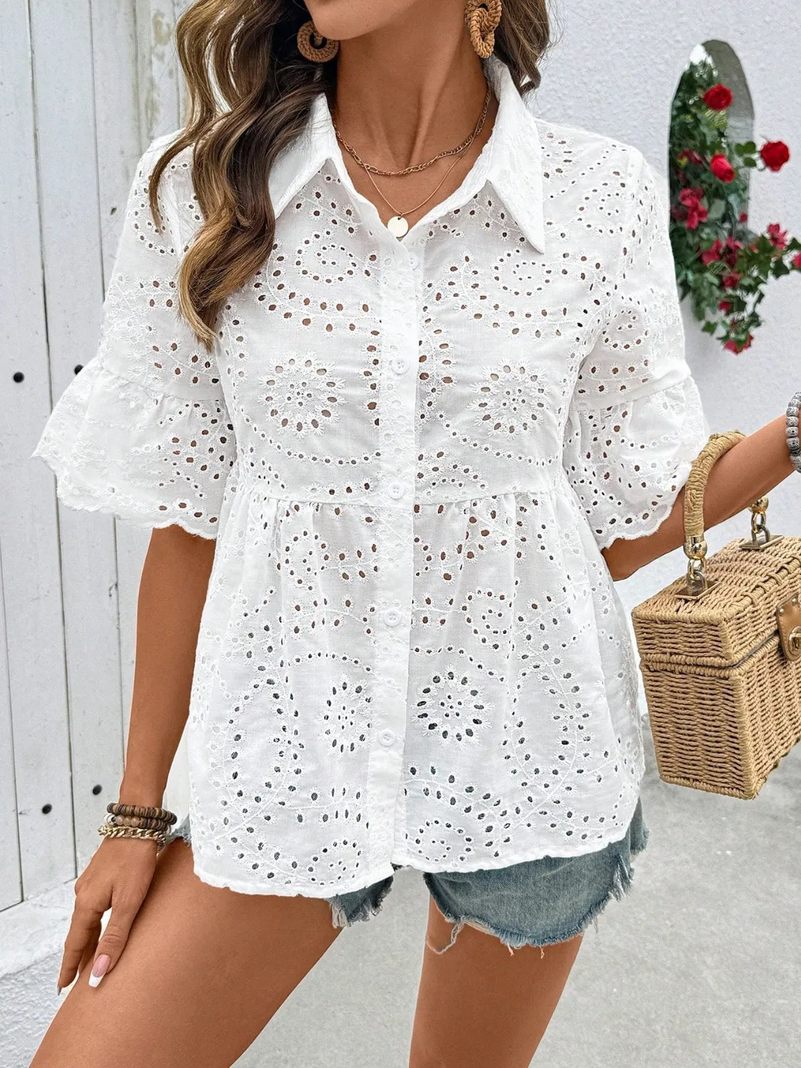 Eyelet Solid Collared Neck Half Sleeve Shirt  Shop One Place