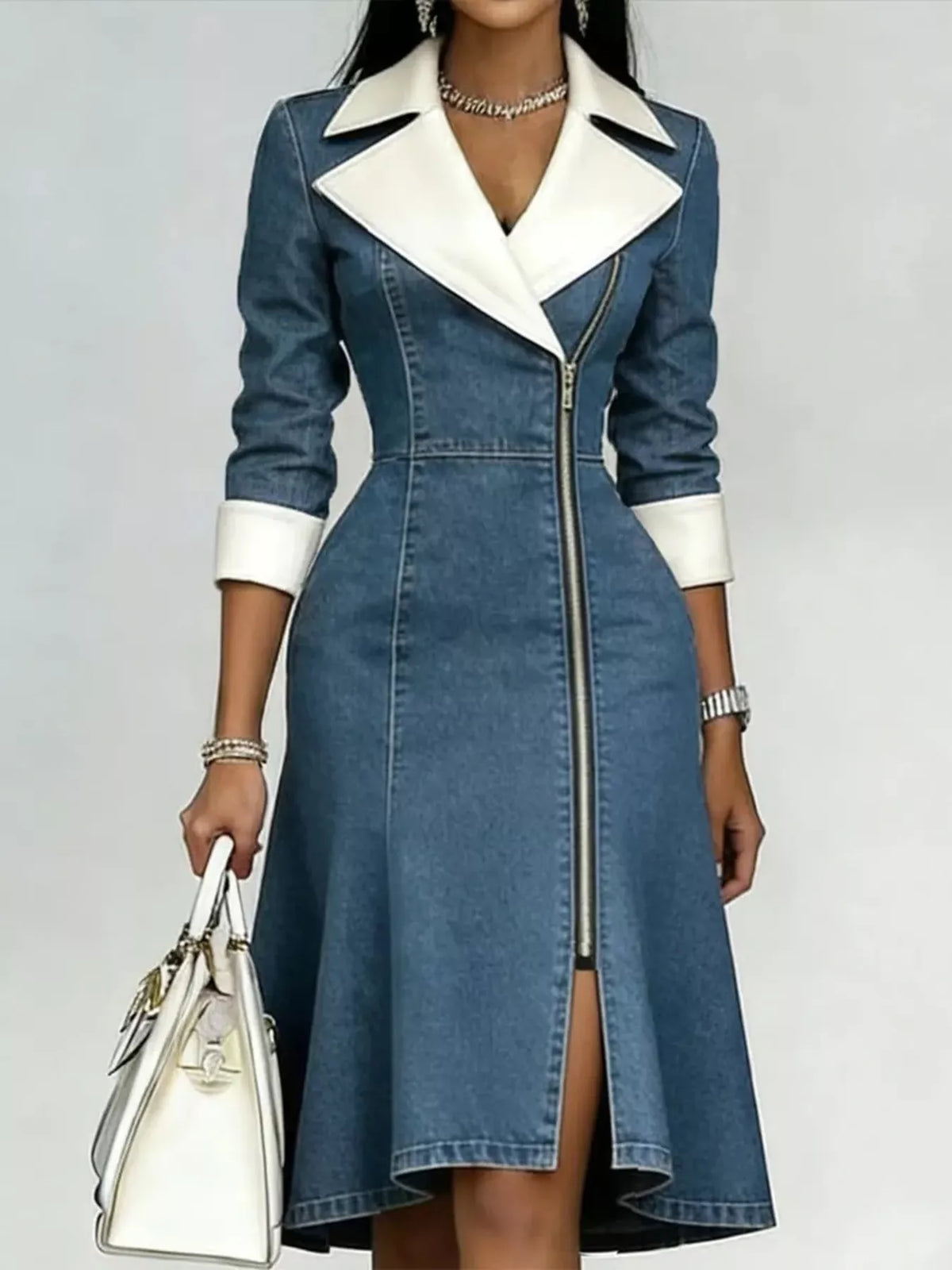 Full Size Contrast Lapel Zip-Front Denim Dress Plus Size  Shop One Place