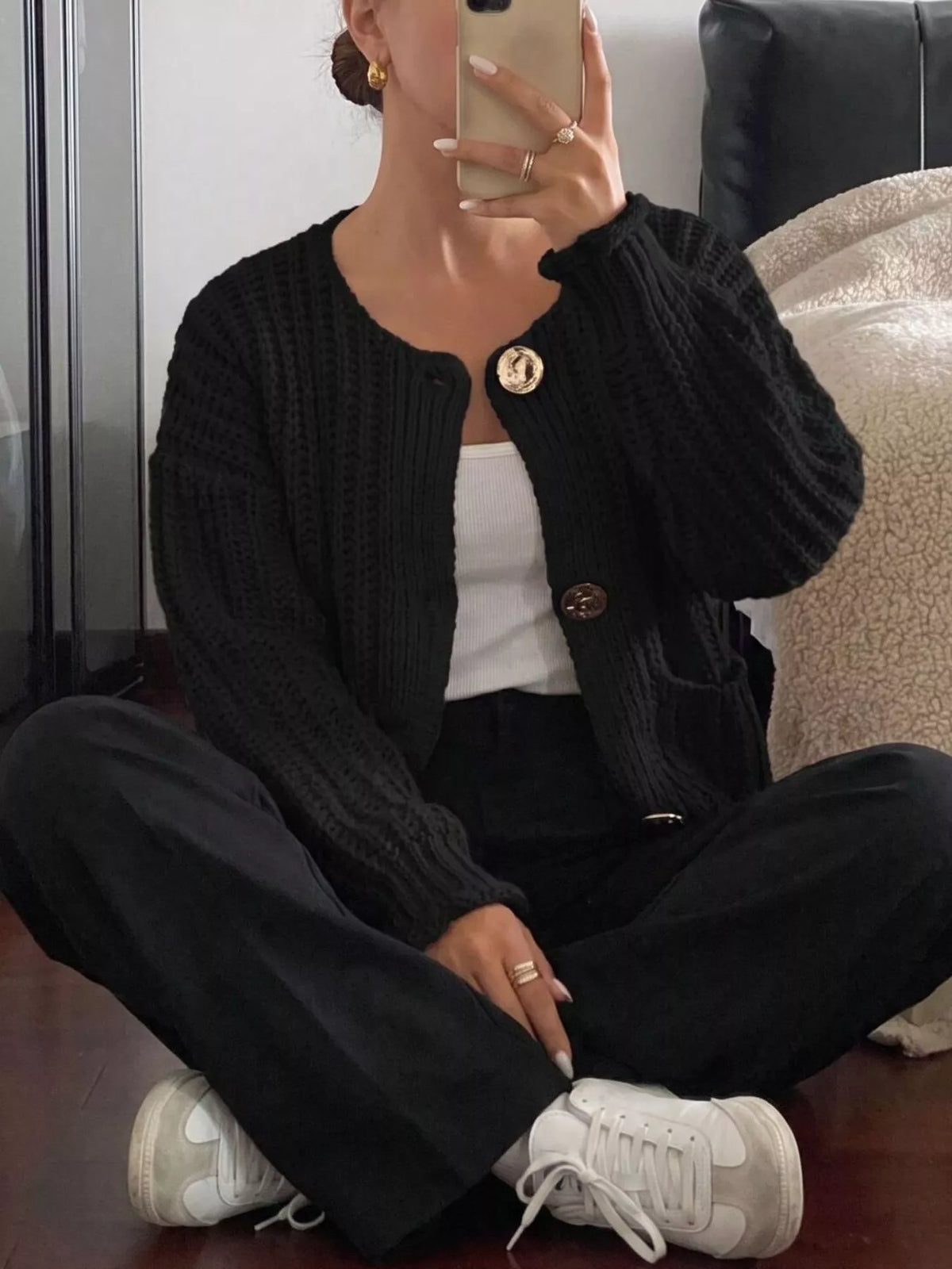 Ribbed Knit Cardigan with Gold-Tone Buttons  Shop One Place