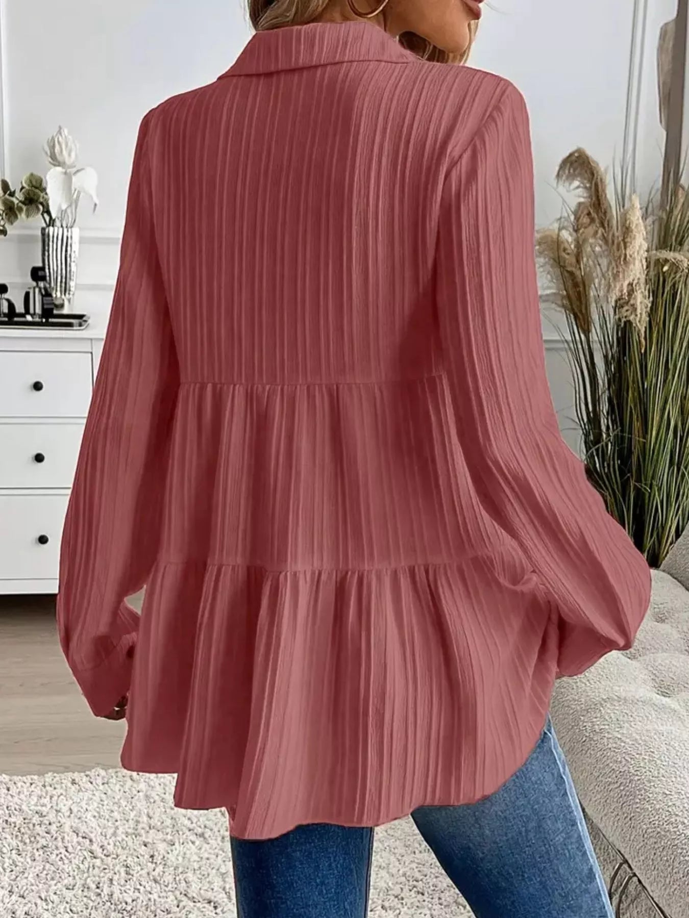 Button-Down Long Sleeve Tiered Shirt  Shop One Place
