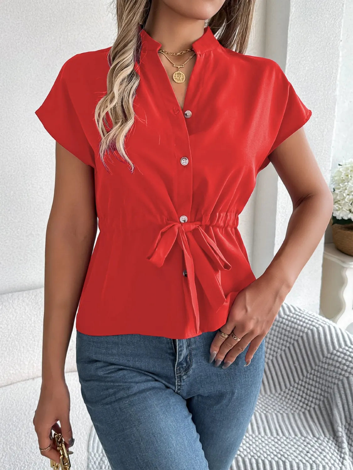Notched Short Sleeve Blouse  Shop One Place