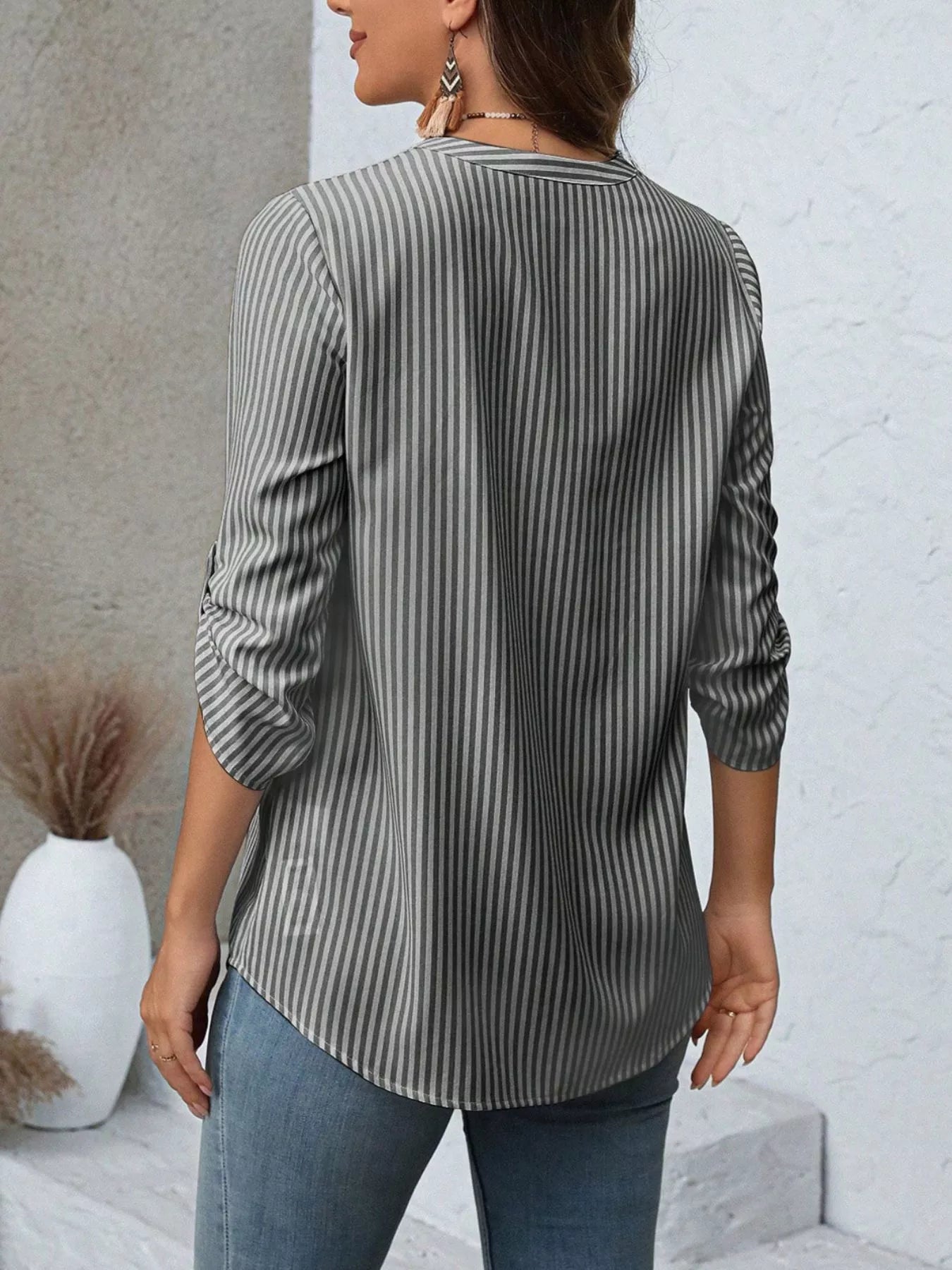 Striped V-Neck Roll-Up Sleeve Blouse  Shop One Place