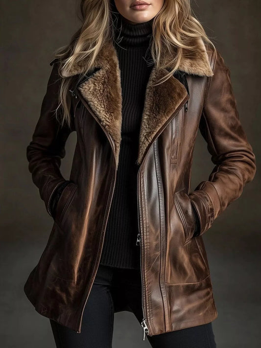 Women's Vintage Faux Leather Zip-Up Jacket
