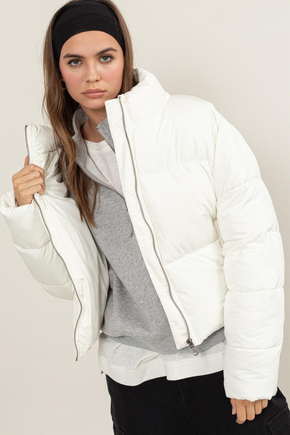 HYFVE Cream Quilted Back Drawstring Puffer Jacket