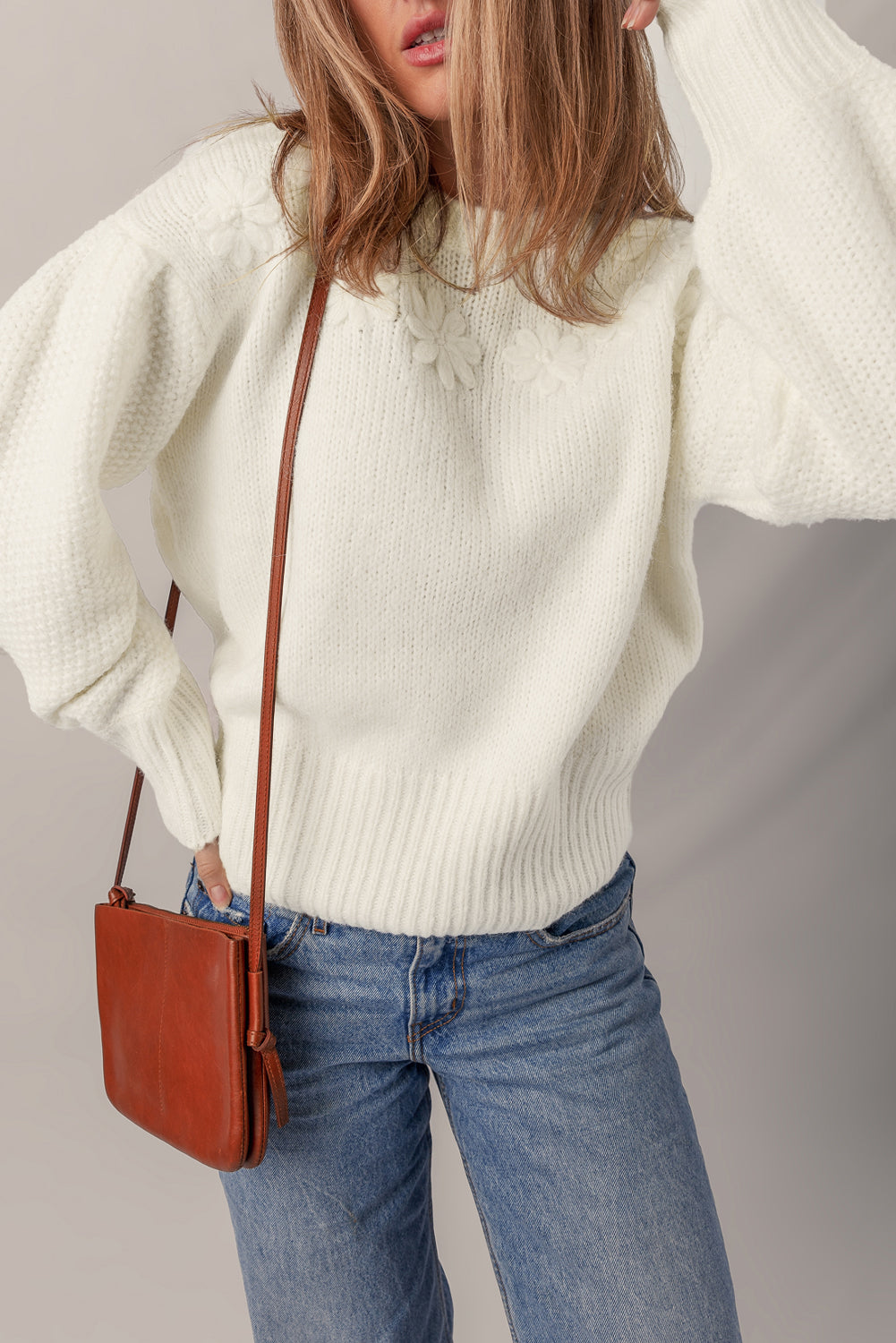 White Flower Detail Round Neck Contrast Textured Puff Sleeve Sweater  Shop One Place