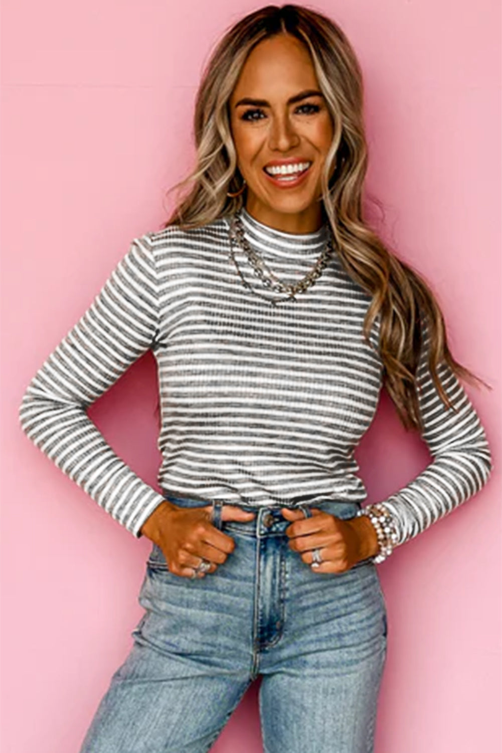 Gray Stripe Ribbed High Neck Slim Fit Long Sleeve Top  Shop One Place