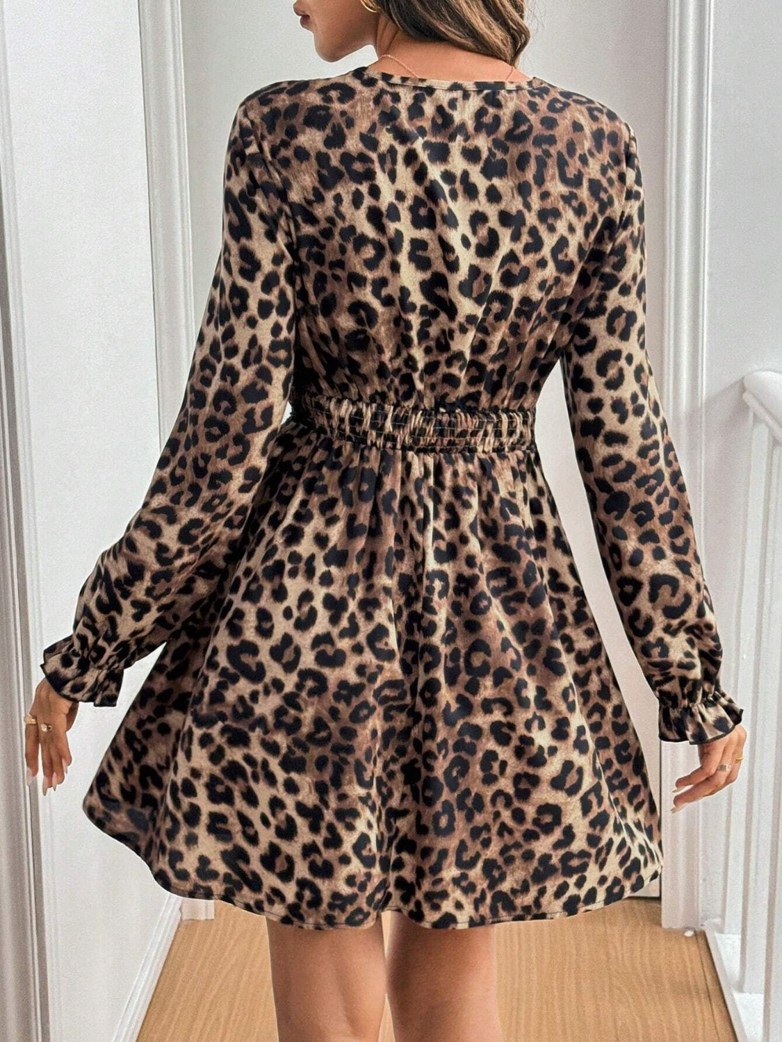 Lace Detail Leopard Flounce Sleeve Mini Dress  Shop One Place