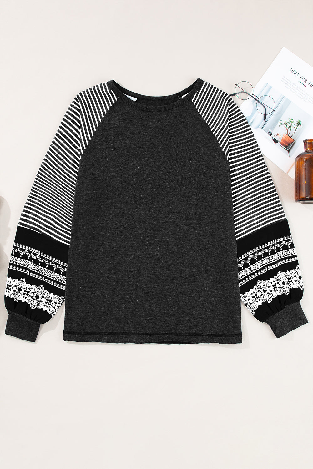 Contrast Print Striped Raglan Long Sleeve Loose Top  Shop One Place