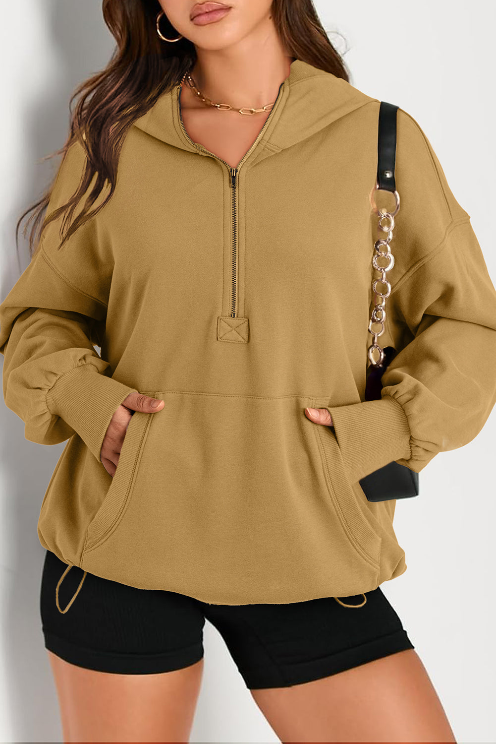 Moss Green Kangaroo Pocket Half Zipper Oversized Hoodie