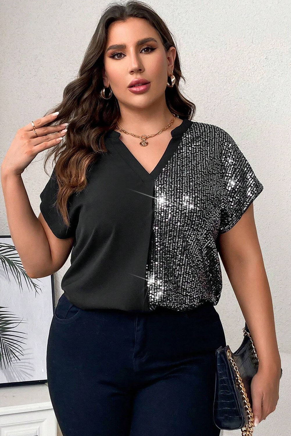 Black Plus Size Sequined V Neck Tee