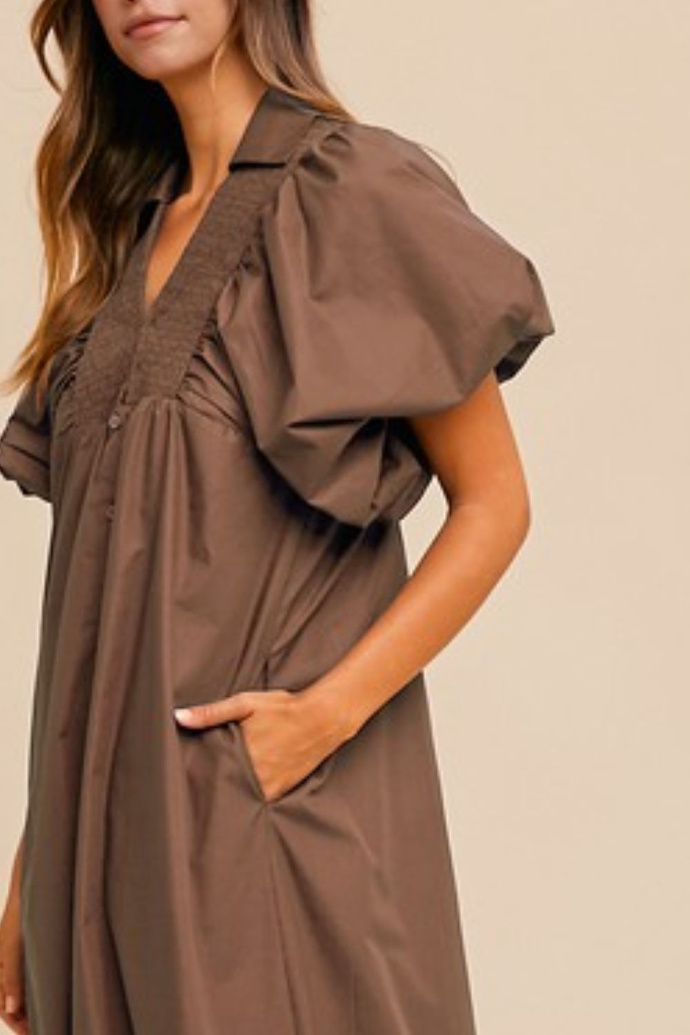 Coffee Brown Annie Wear Smocked Puff Sleeve Midi Dress