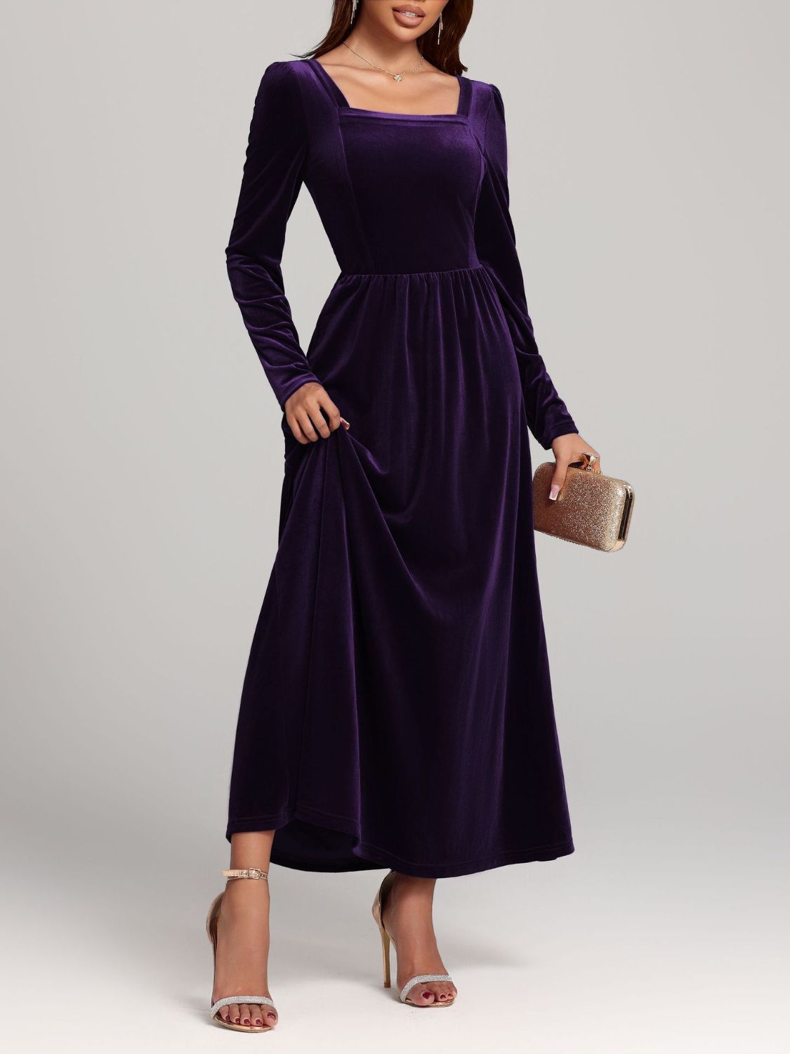 Velvet Square Neck Long Sleeve Dress  Shop One Place