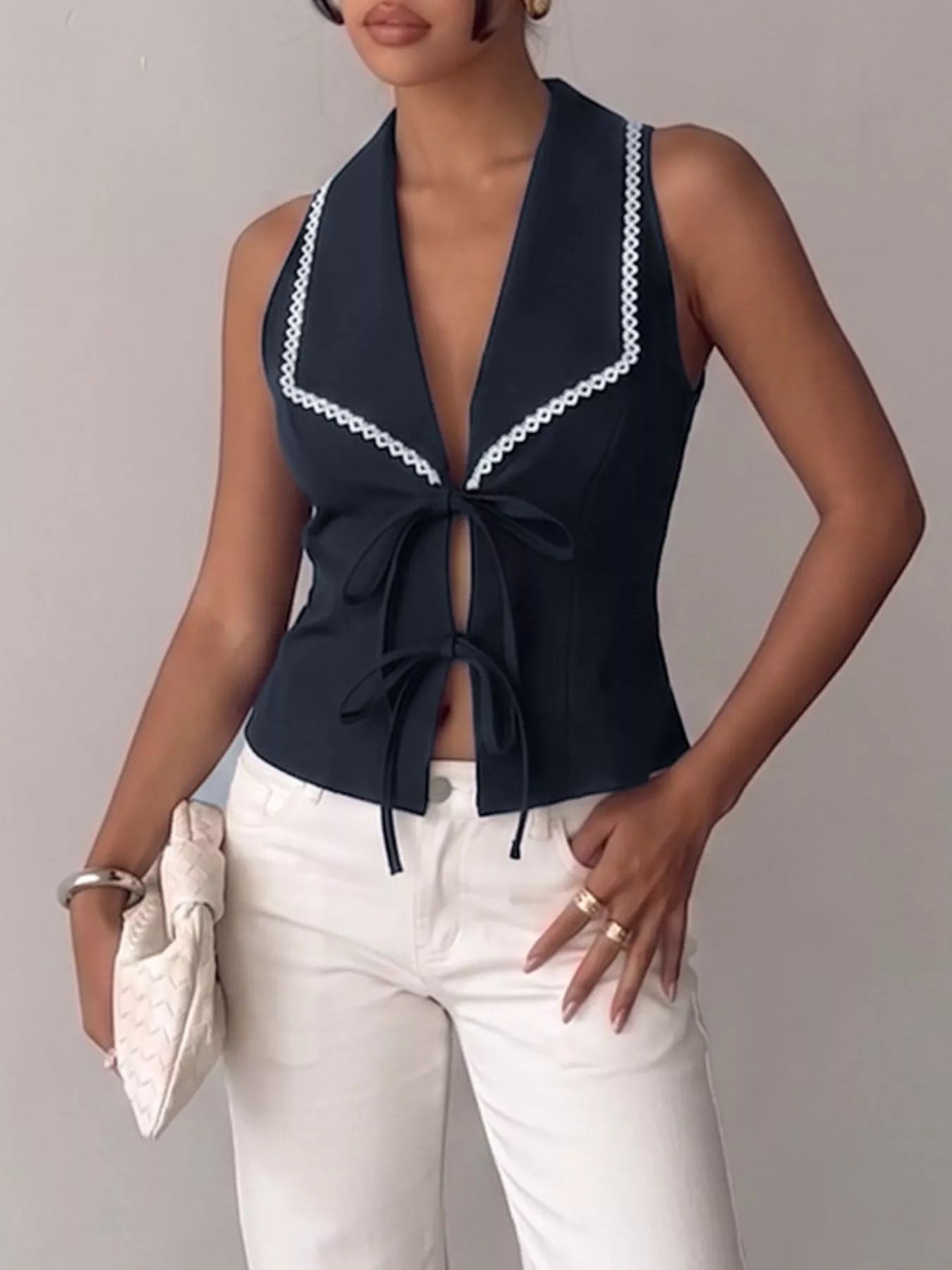 Lace Trim Tie-Front Vest  Shop One Place