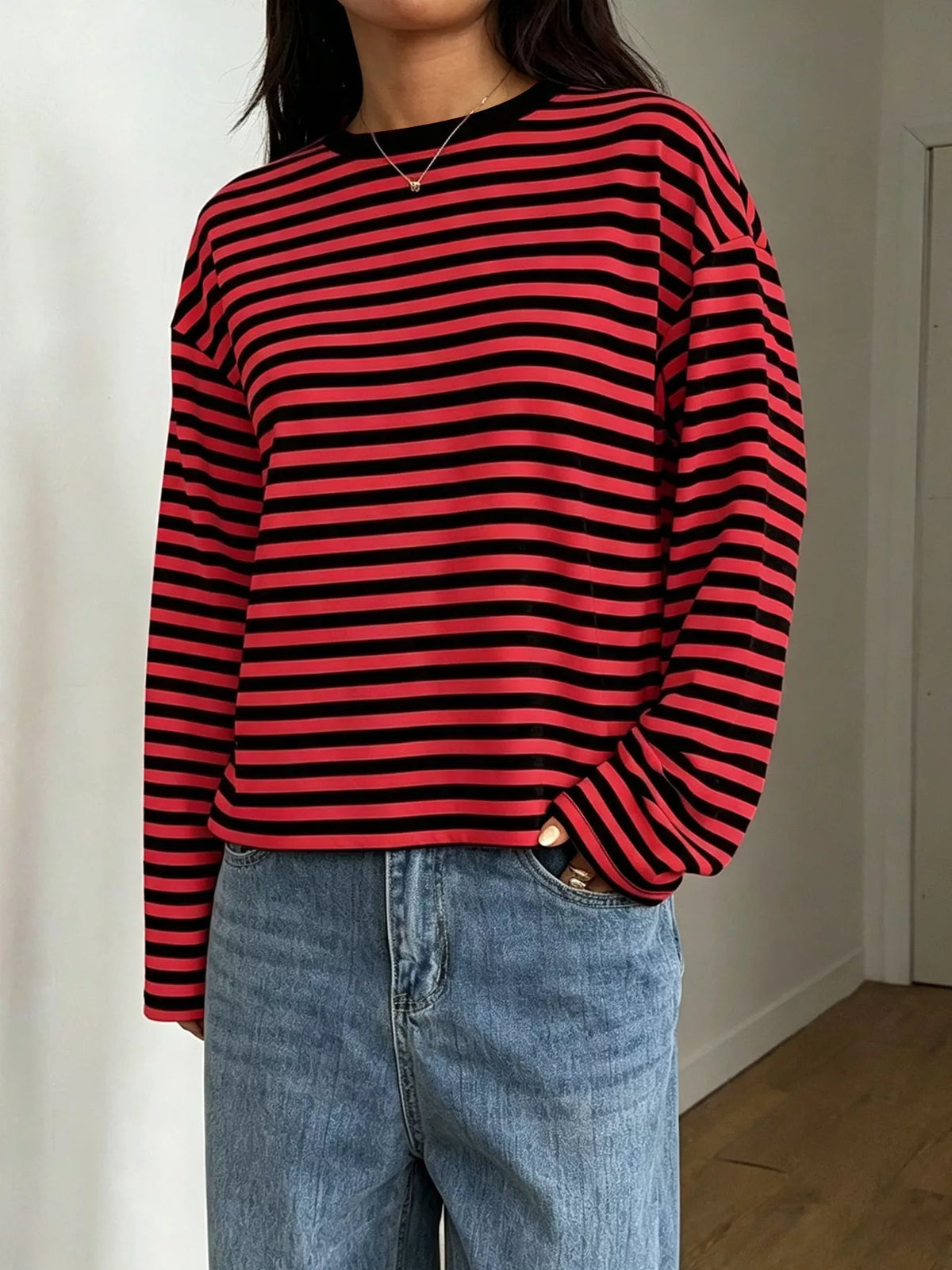 Striped Long Sleeve Crew Neck T-Shirt Plus Size in Multicolor