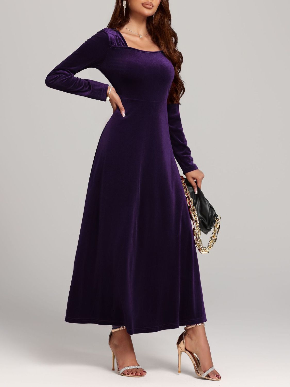 Square Neck Long Sleeve Velvet Dress  Shop One Place