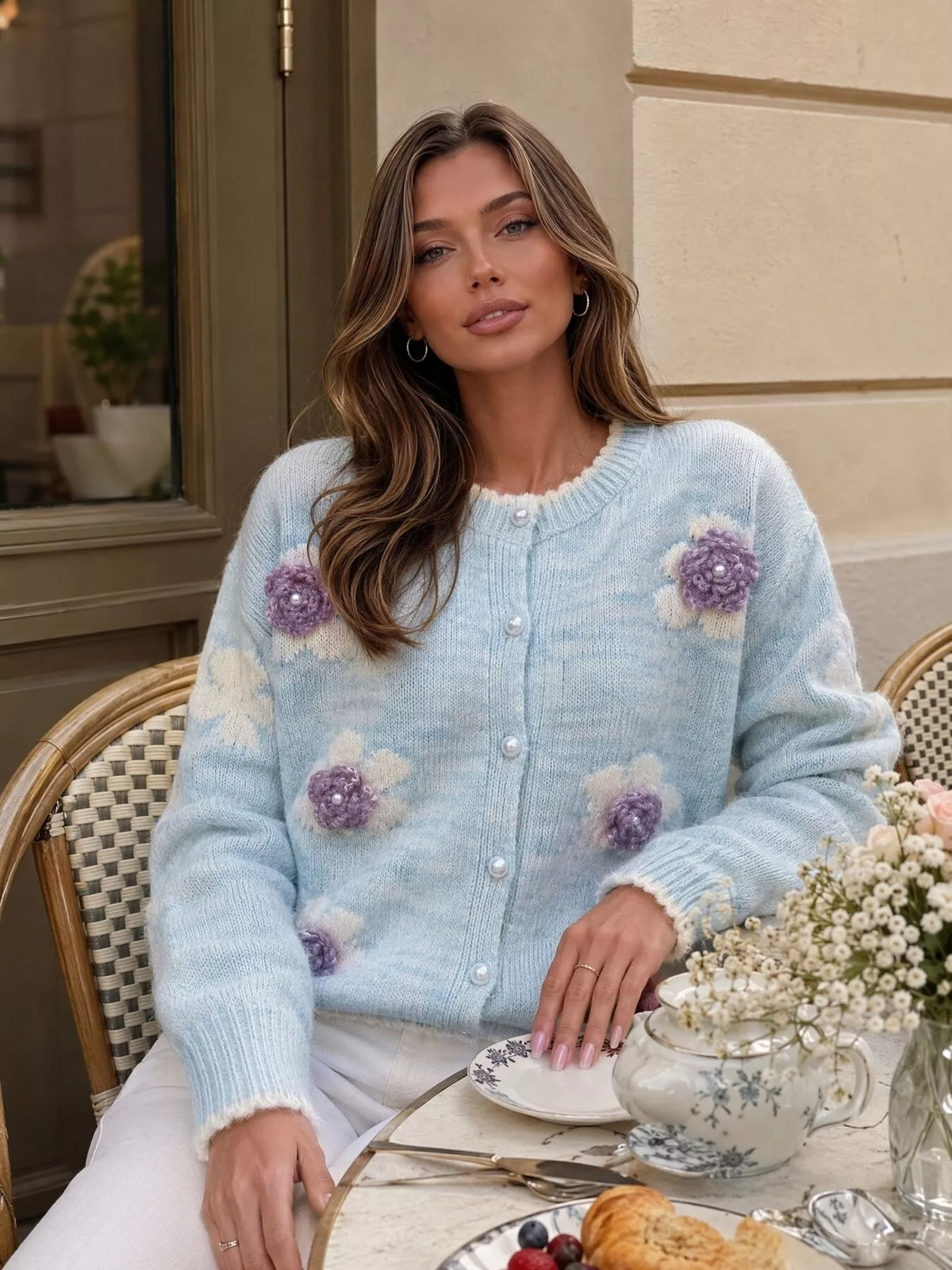 Floral Applique Button-Down Knit Cardigan  Shop One Place
