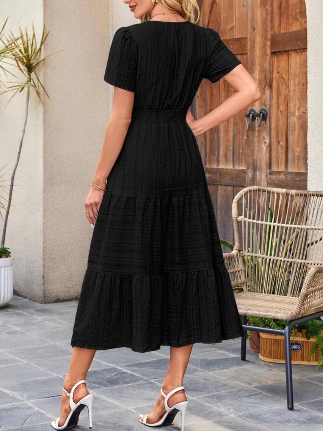 Tiered Notched Short Sleeve Dress  Shop One Place