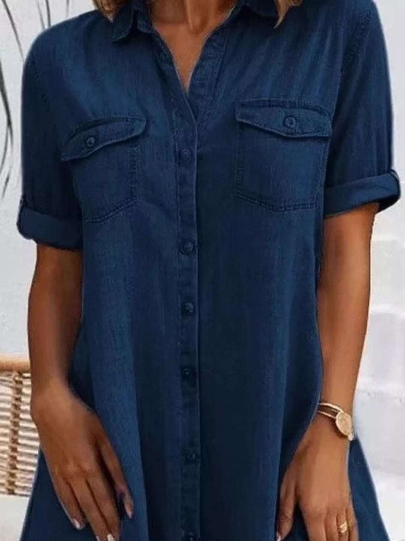 Full Size Button-Front Short Sleeve Denim Dress Plus Size  Shop One Place