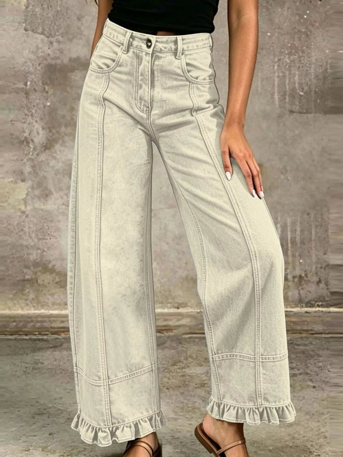 Full Size High-Waisted Wide-Leg Ruffled Hem Jeans Plus Size  Shop One Place