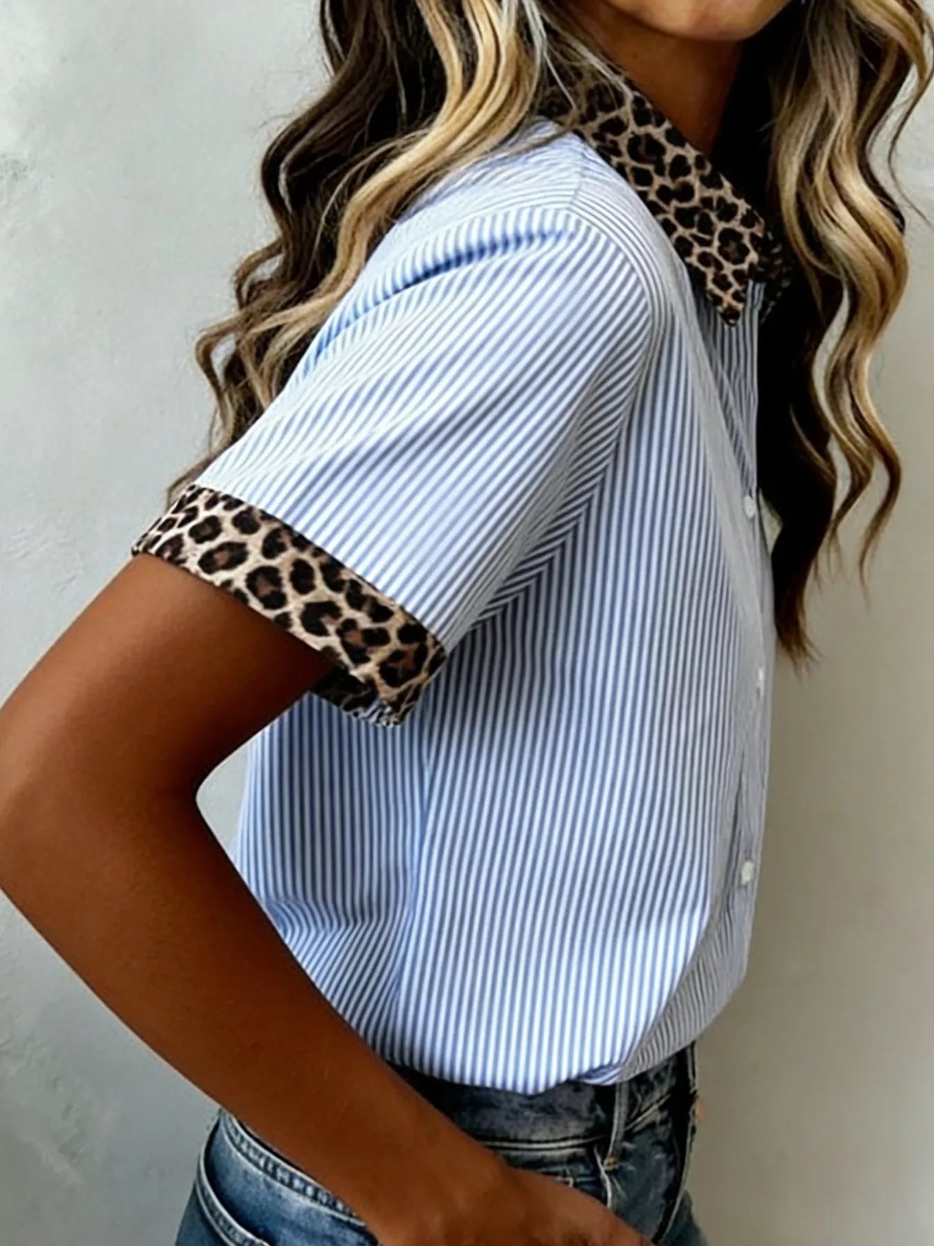 Stripe Leopard Contrast Collar Short Sleeve Shirt  Shop One Place