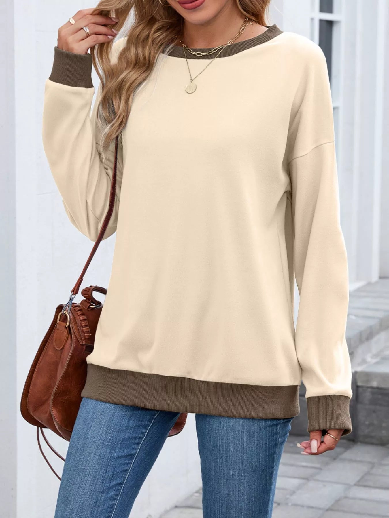 Contrast Trim Long Sleeve Sweatshirt  Shop One Place