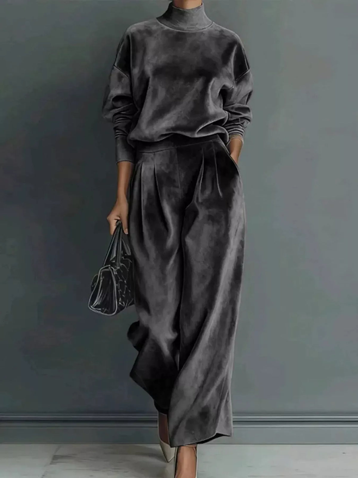 Women's Velvet Mock Neck Top & Wide-Leg Pants Set – view 9