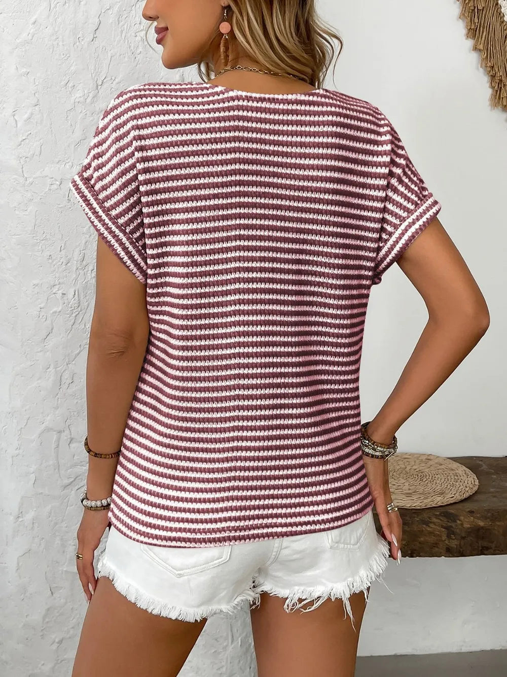 Striped V-Neck Short Sleeve T-Shirt  Shop One Place