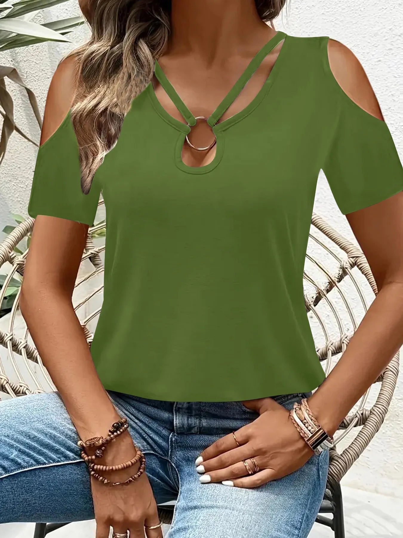 Cold Shoulder T-Shirt with Metal Ring Detail  Shop One Place