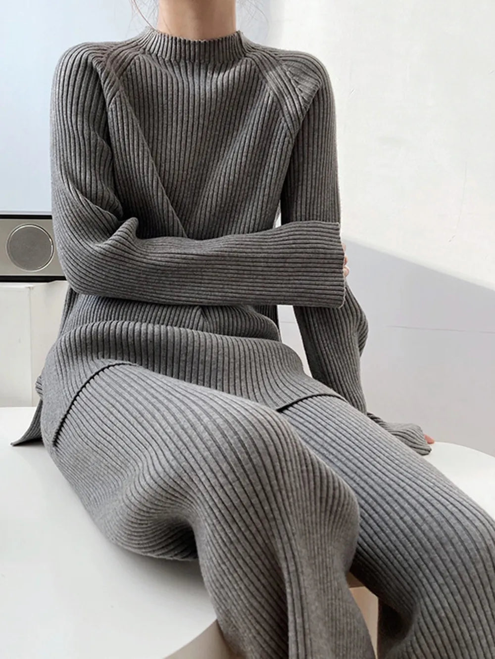 Mock Neck Raglan Sleeve Top and Pants Sweater Set  Shop One Place