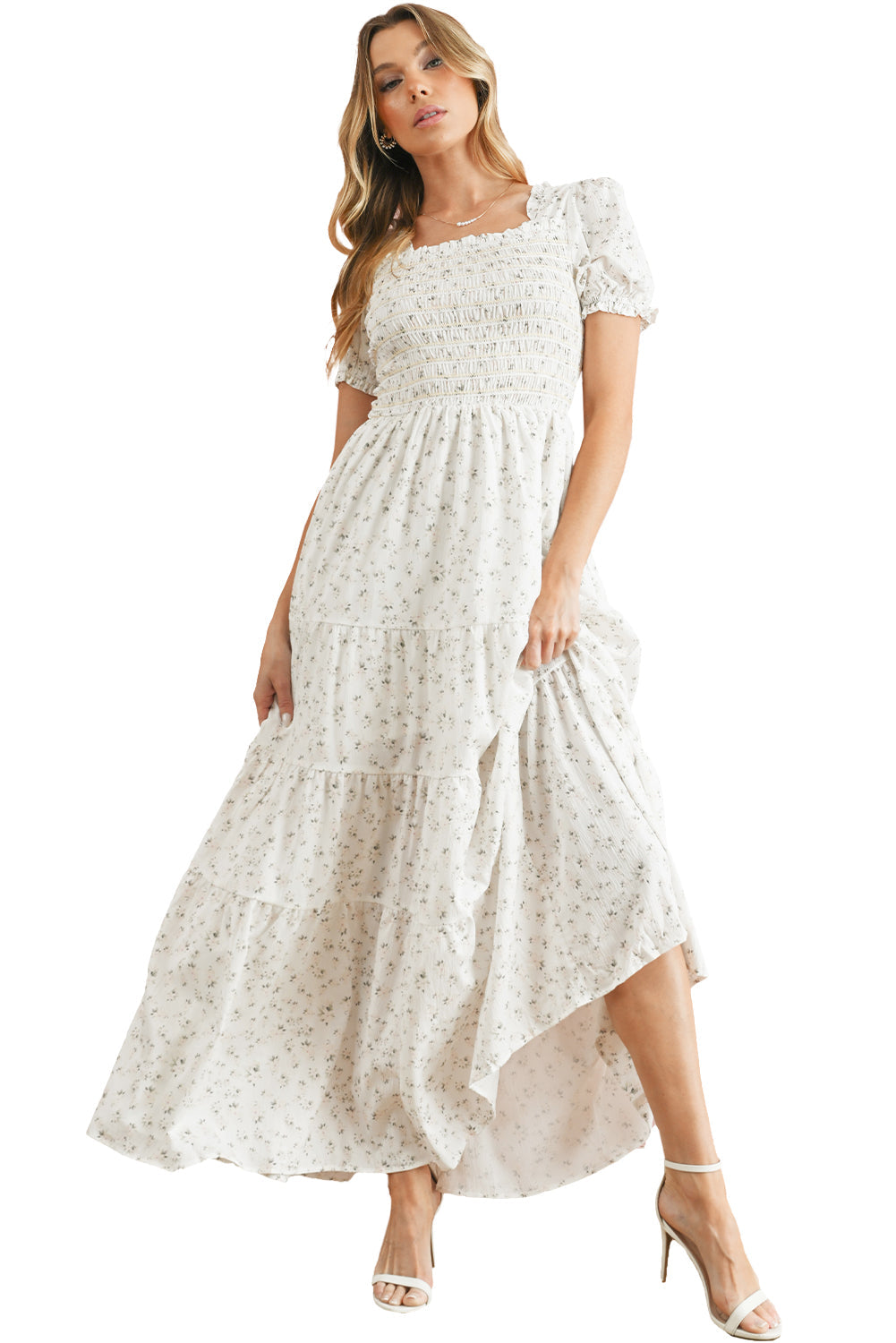 White Frill Neckline Shirred Bodice Floral Maxi Dress  Shop One Place