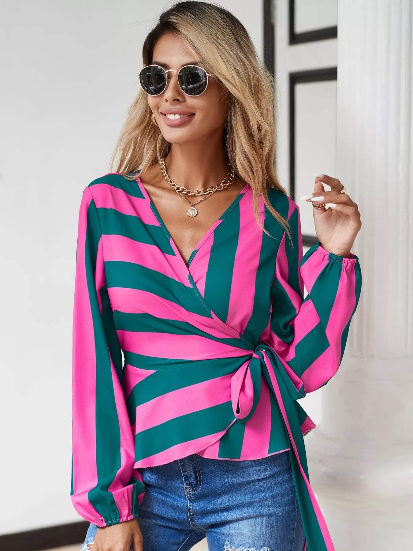 Striped Wrap Blouse with Tie Detail  Shop One Place