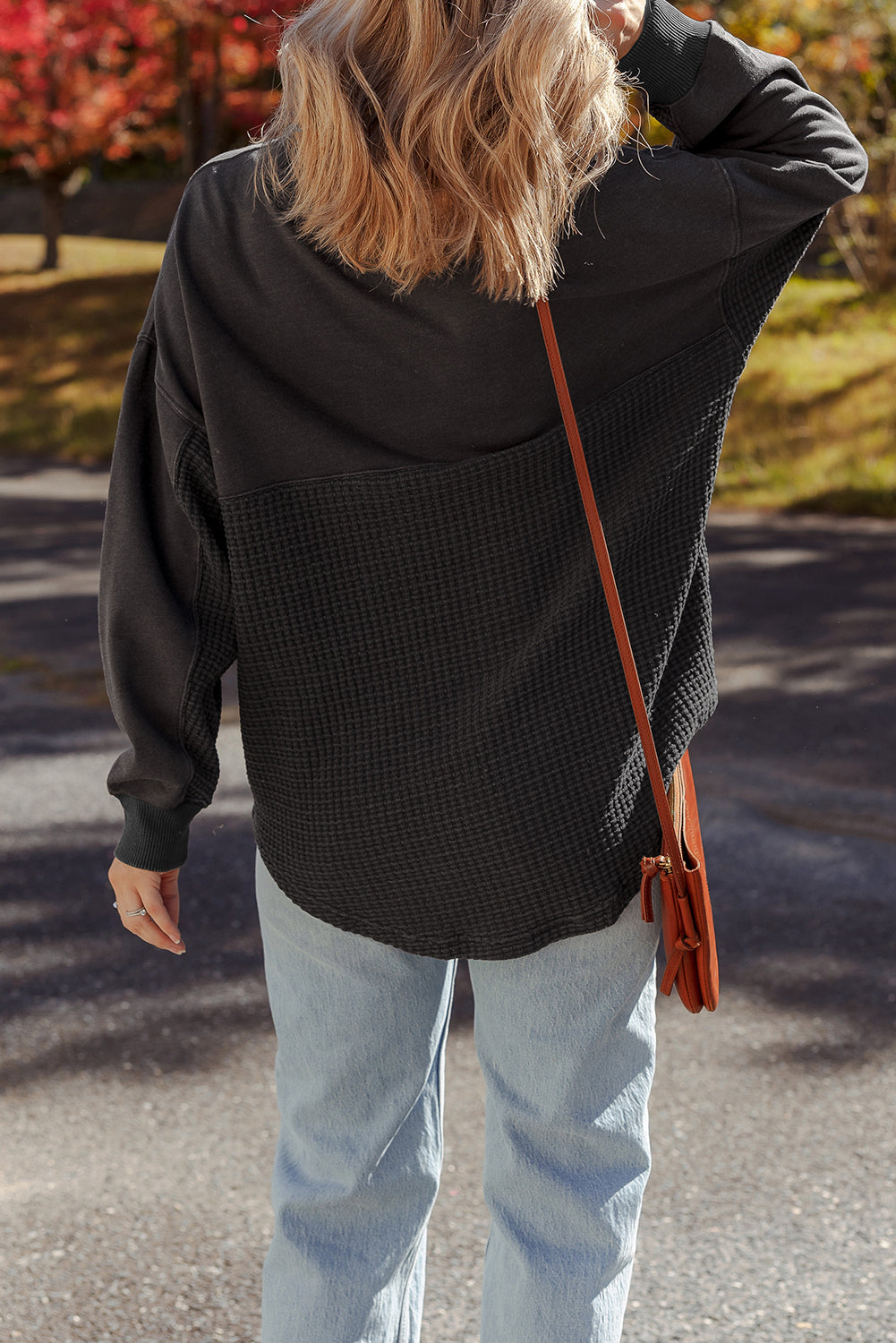 Carbon Grey Waffle Knit Patchwork Half Zipped Casual Sweatshirt  Shop One Place
