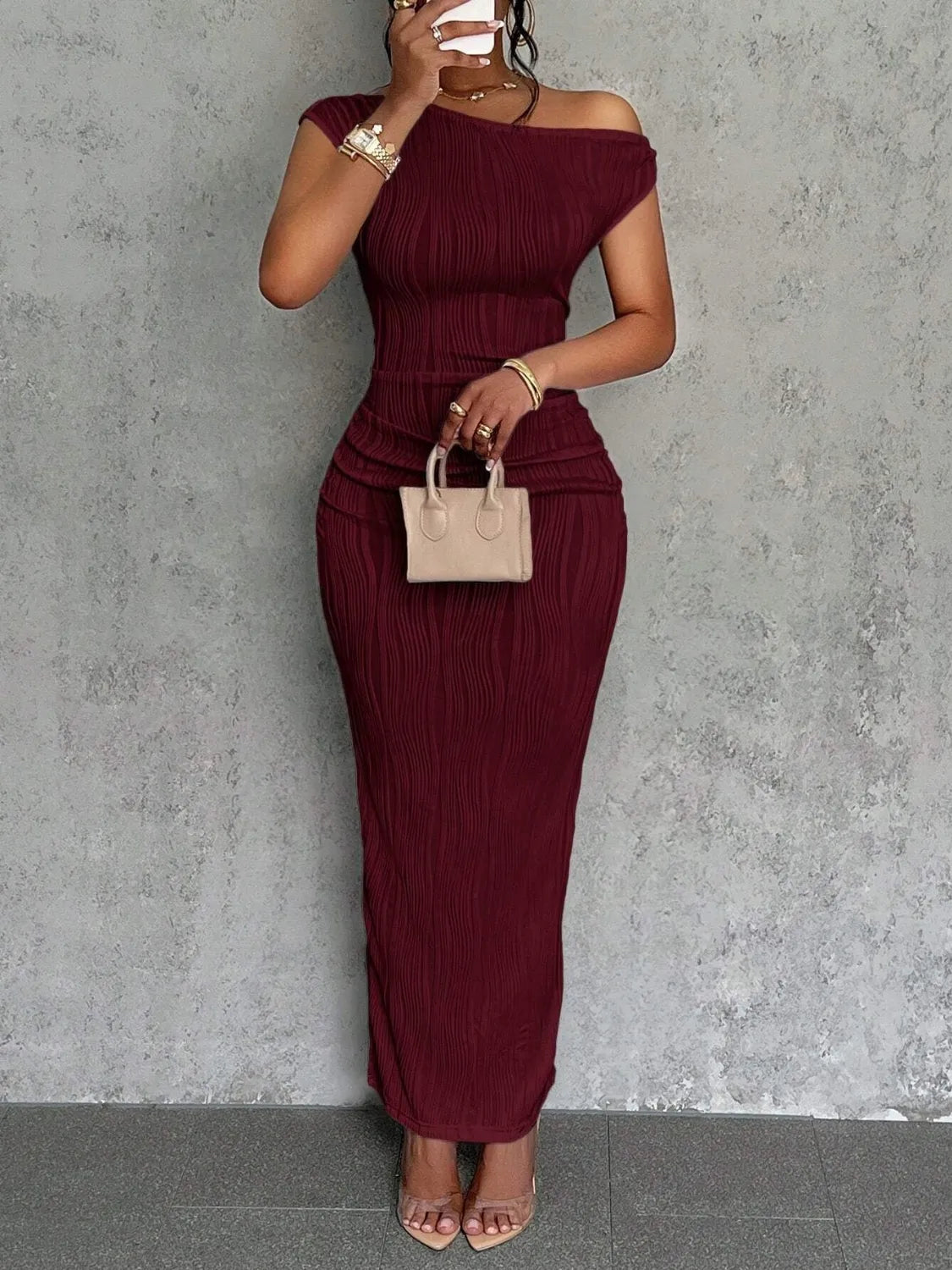 Textured Single Shoulder Maxi Dress  Shop One Place